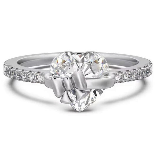 Jewelyna™ | Lovely Silver "Heart & Bow" 925 Sterling  Ring